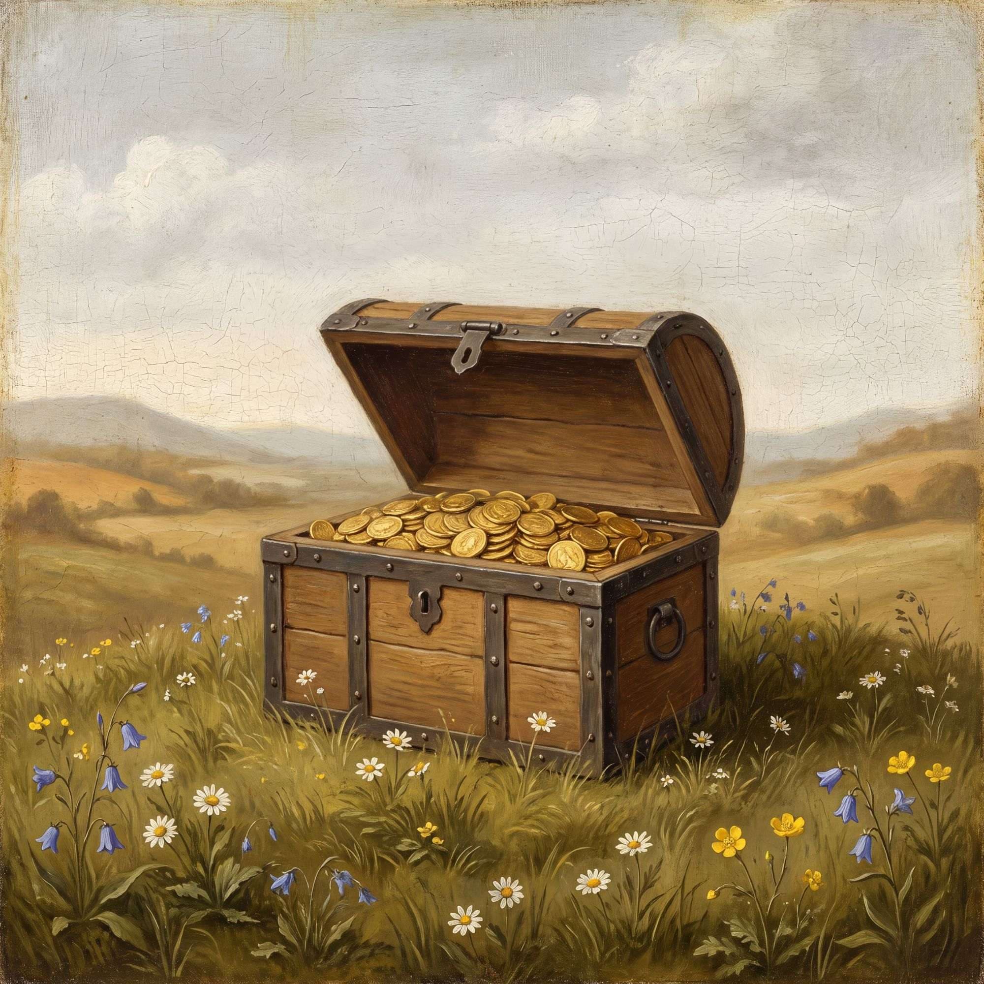 A strongbox of gold coins on a grassy bank