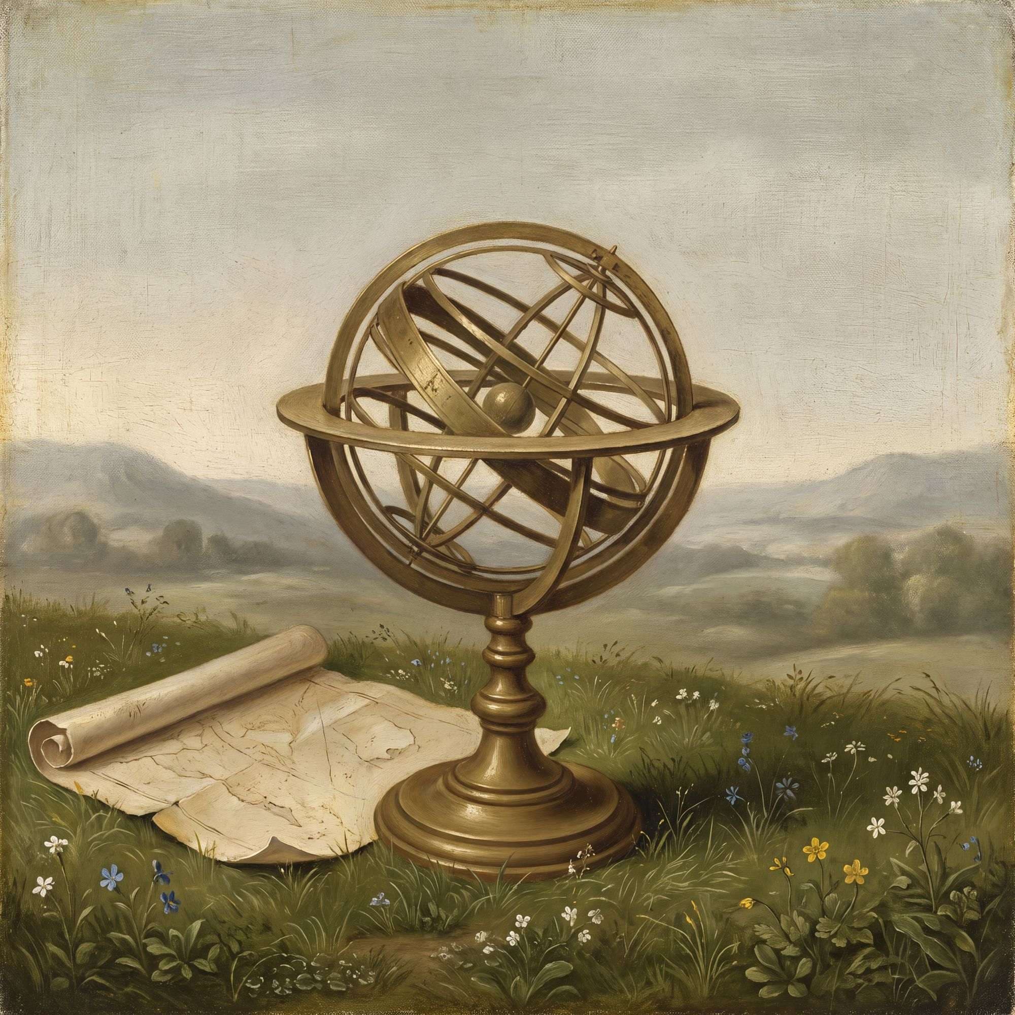 An armillary sphere and a chart on a grassy bank