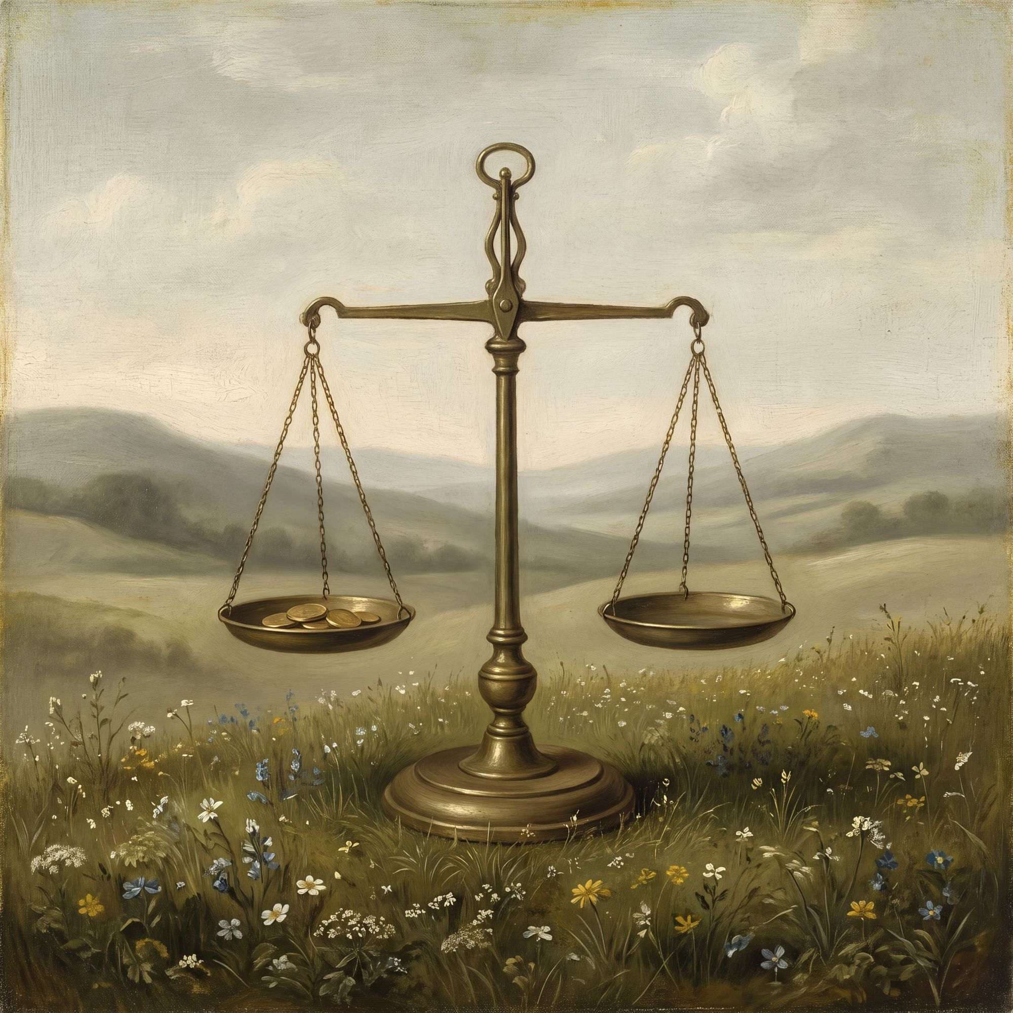 A brass balance scale on a grassy bank