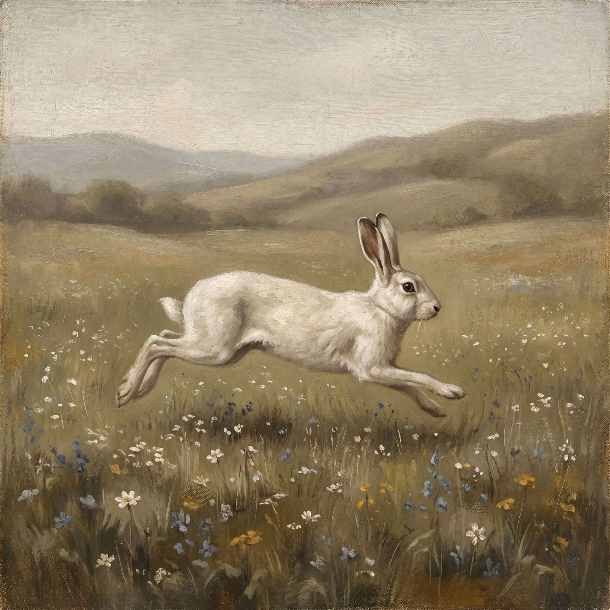 A white hare mid-leap across a meadow