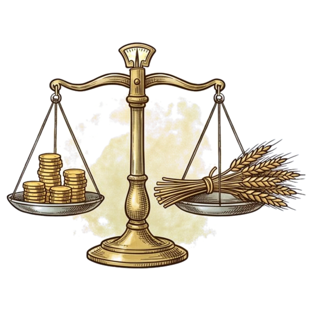 A balance scale weighing coins against ears of wheat