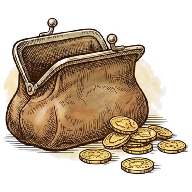 An open leather purse spilling coins