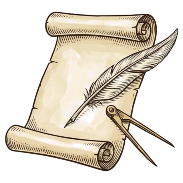A parchment scroll with a quill and a drawing compass