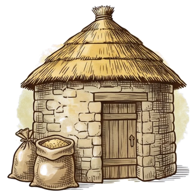 A stone granary with sacks of grain at its door