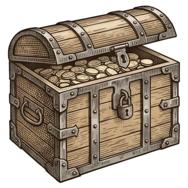 An iron-bound strongbox, lid open on a heap of coins